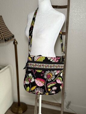 Vera Bradley Black Quilted Crossbody with Pink & Green Floral Print